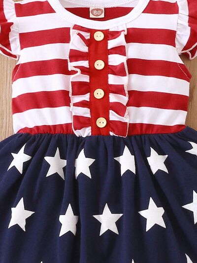 Striped & Stars Ruffled Round Neck Cap Sleeve Dress - Vitalis Collection