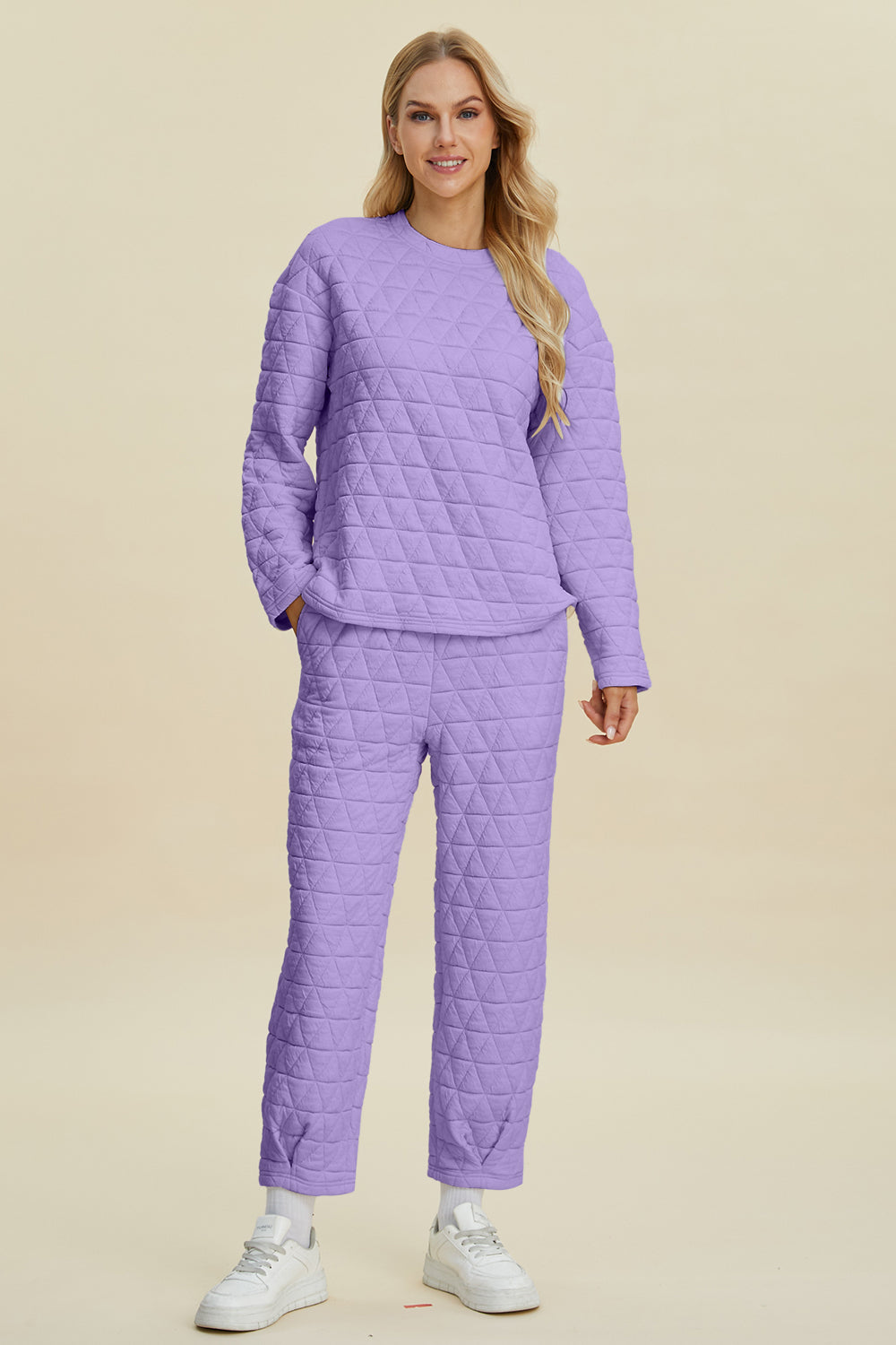 Double Take Full Size Texture Round Neck Long Sleeve Top and Pants Set - Vitalis Collection