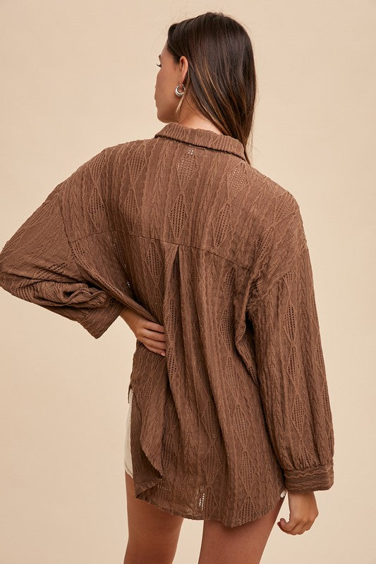 Openwork Button Down Drop Shoulder Shirt - Vitalis Collection
