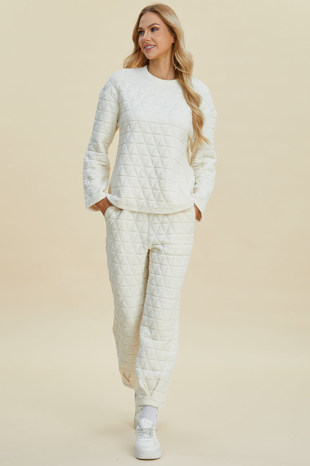 Double Take Full Size Texture Round Neck Long Sleeve Top and Pants Set - Vitalis Collection