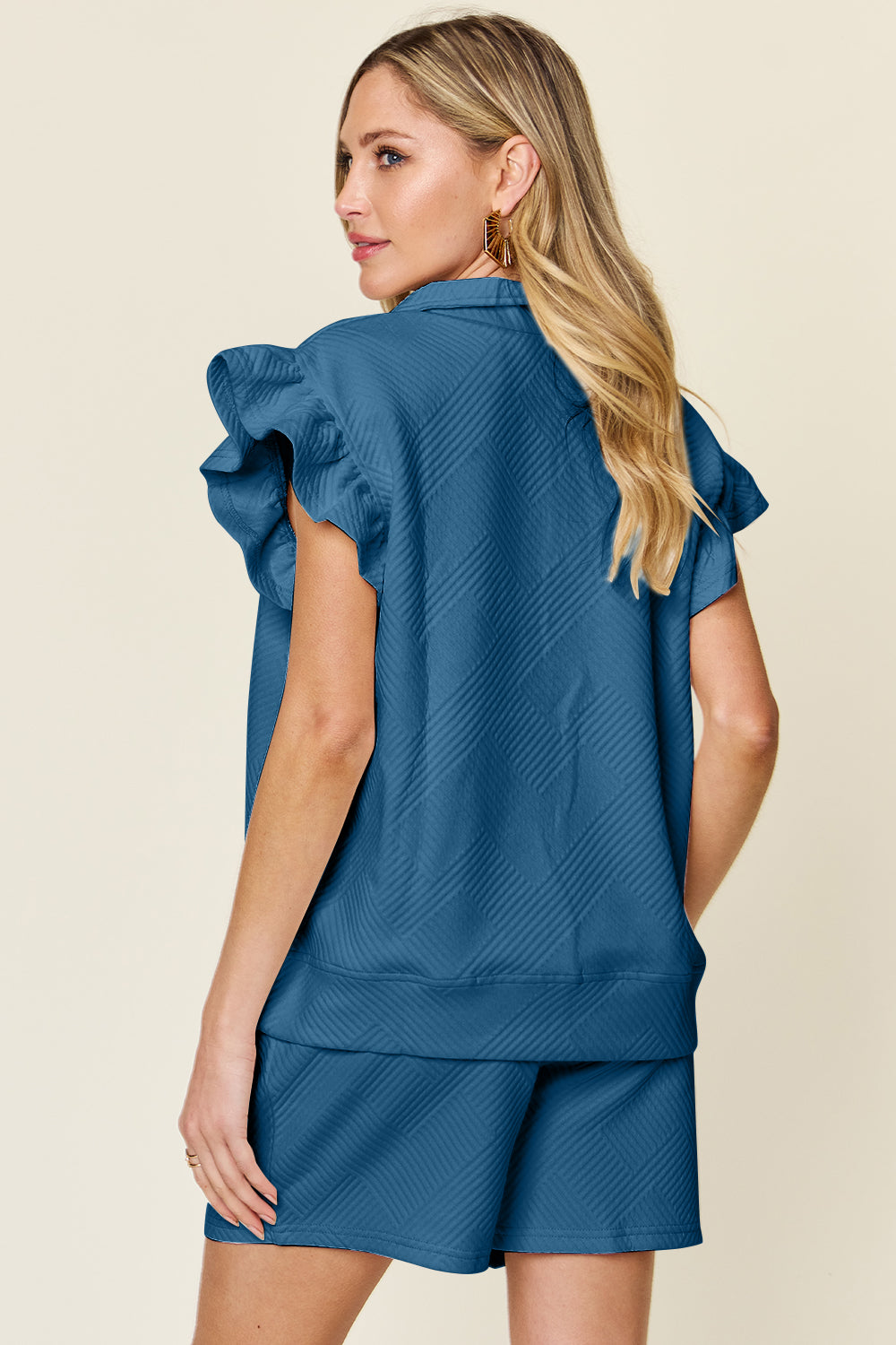 Double Take Full Size Texture Flounce Sleeve Top and Drawstring Shorts Set - Vitalis Collection