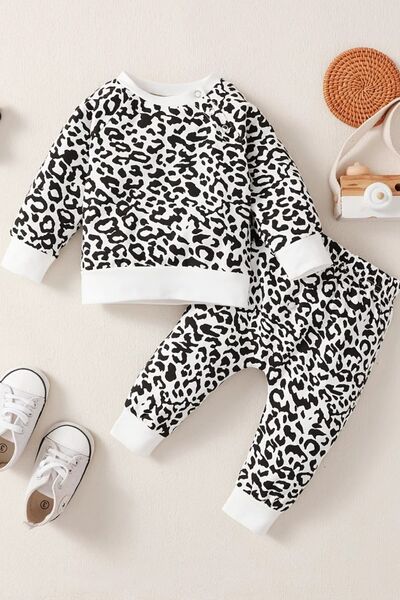 Leopard Round Neck Long Sleeve Top and Pants Set - Vitalis Collection