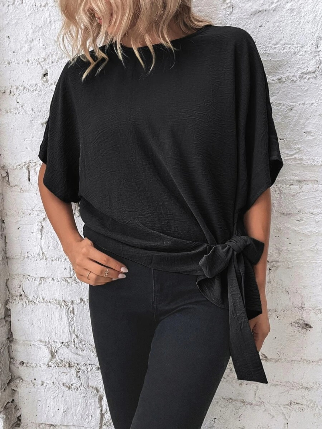 Knotted Round Neck Half Sleeve Blouse - Vitalis Collection