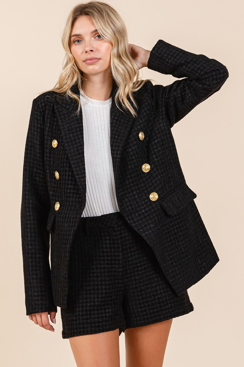Plaid Texture Double-Breasted Long Sleeve Blazer - Vitalis Collection