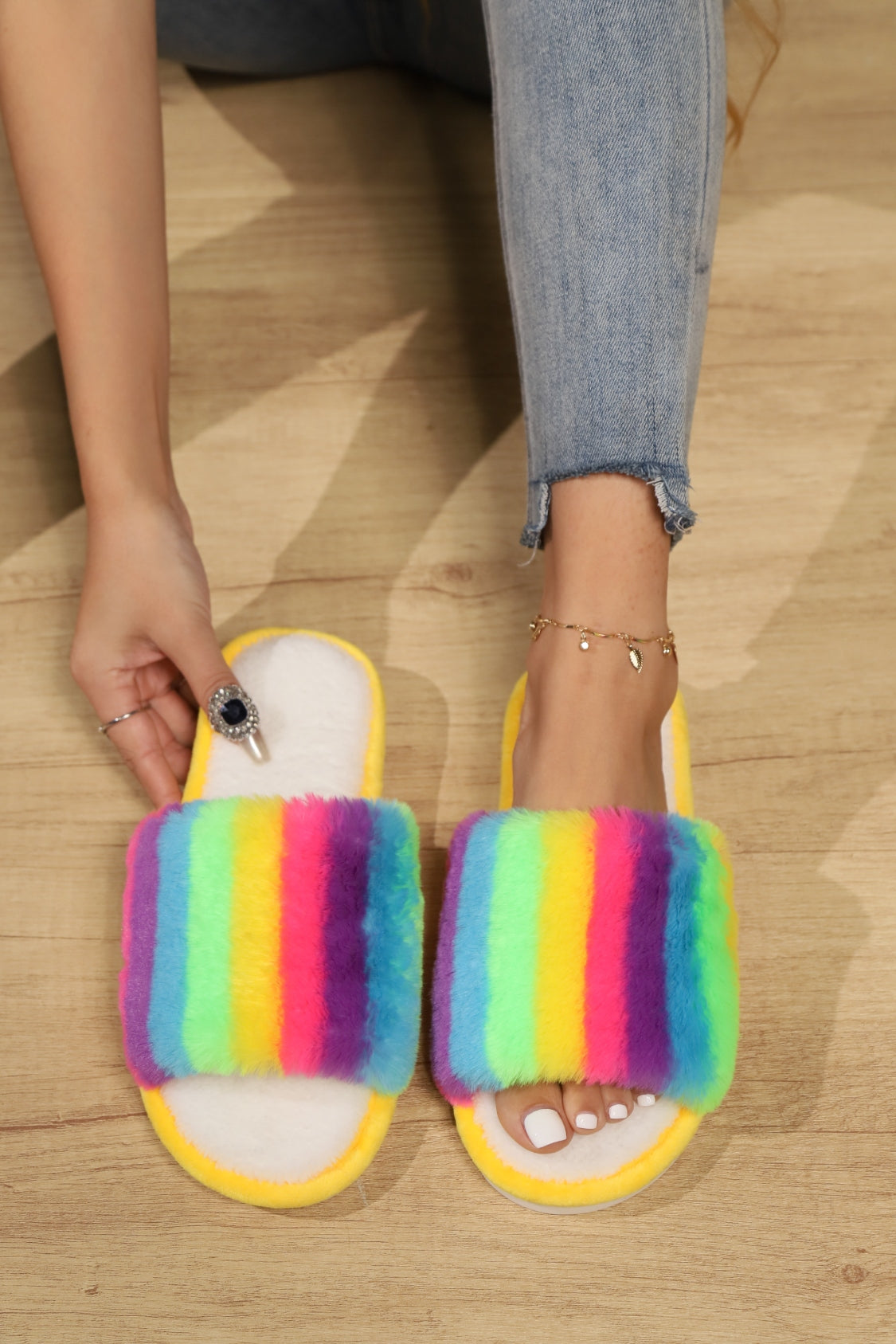 Color Block Open Toe Faux Fur PVC Slippers - Vitalis Collection