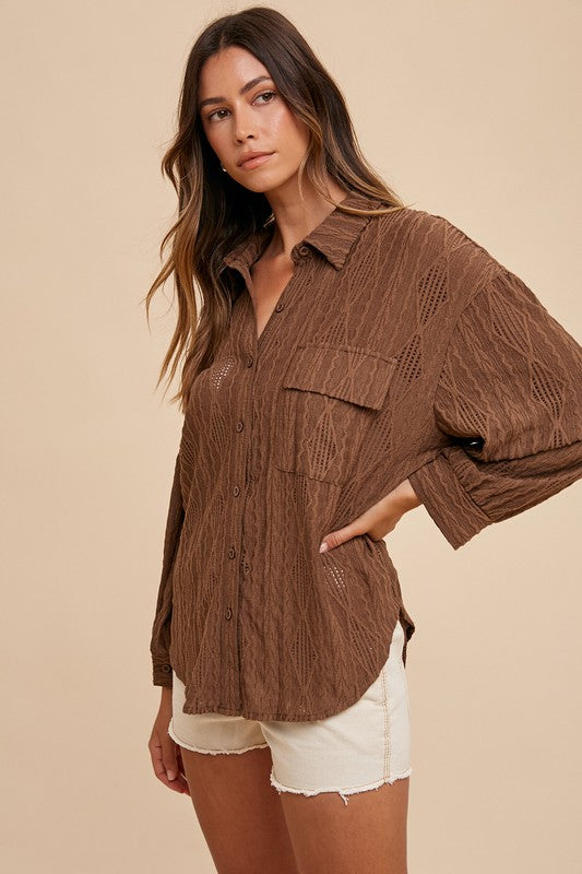 Openwork Button Down Drop Shoulder Shirt - Vitalis Collection