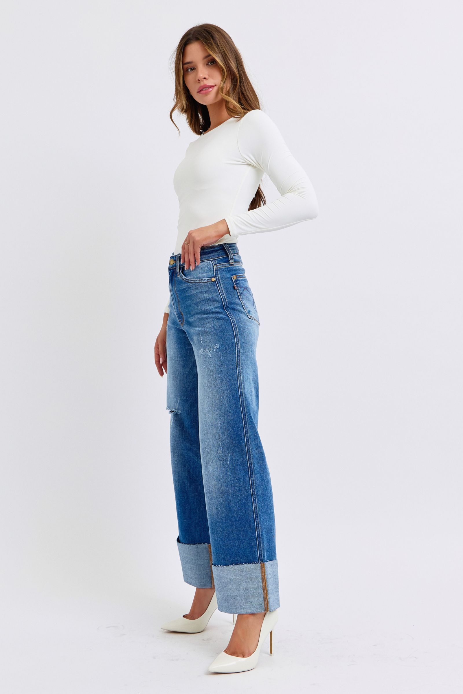 Judy Blue Full Size Distressed High Waist Wide Leg Jeans - Vitalis Collection