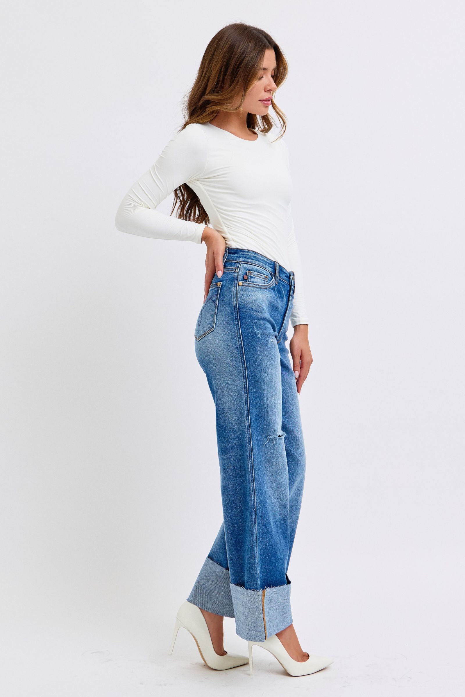 Judy Blue Full Size Distressed High Waist Wide Leg Jeans - Vitalis Collection