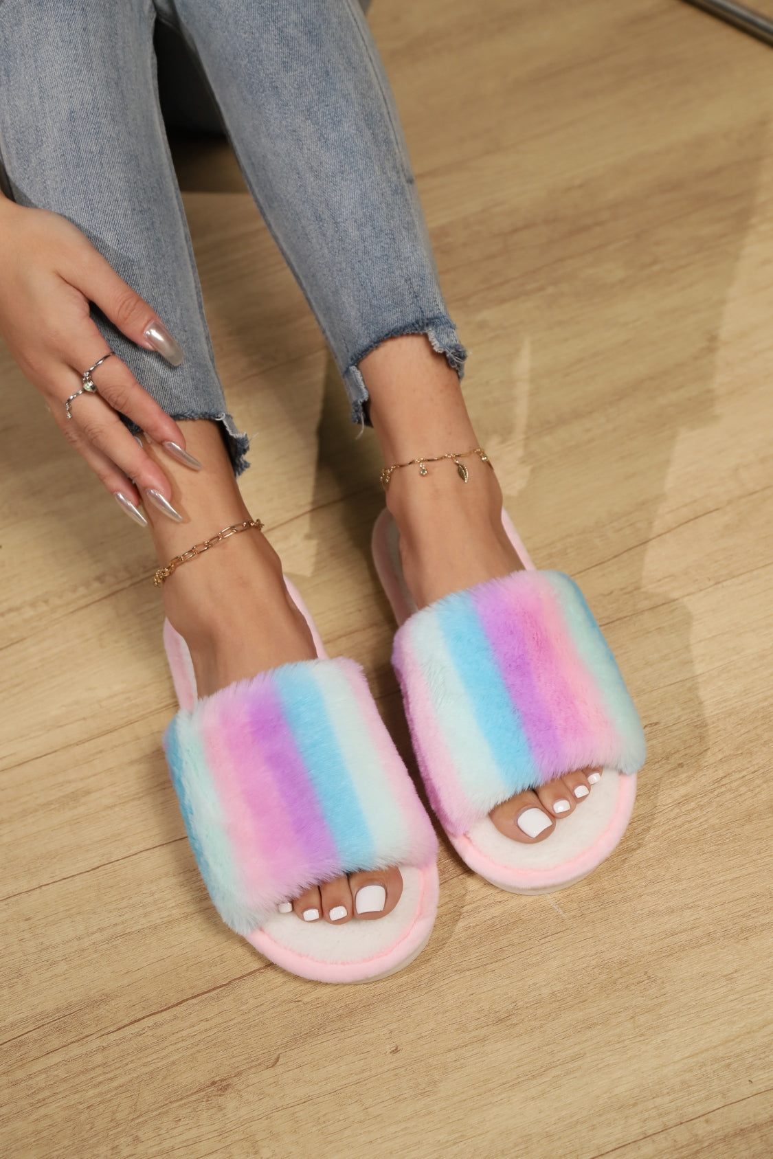 Color Block Open Toe Faux Fur PVC Slippers - Vitalis Collection