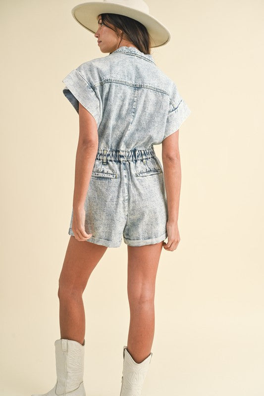 Elastic Waistband Short Sleeve Denim Romper - Vitalis Collection