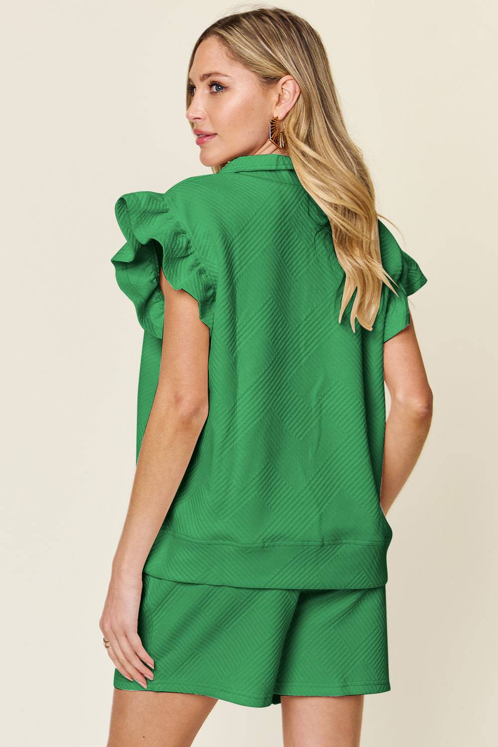 Double Take Full Size Texture Flounce Sleeve Top and Drawstring Shorts Set - Vitalis Collection