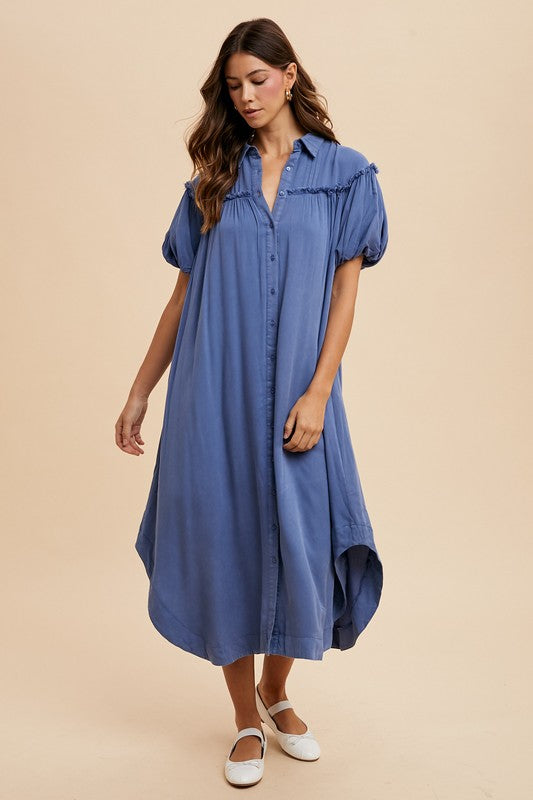 Mineral Washed Button Down Puff Sleeve Shirt Dress - Vitalis Collection