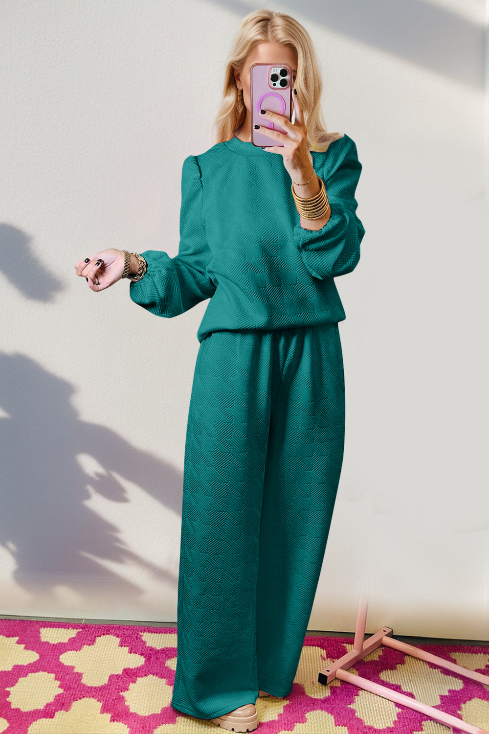 Double Take Texture Long Sleeve Top and Wide Leg Pants Set - Vitalis Collection