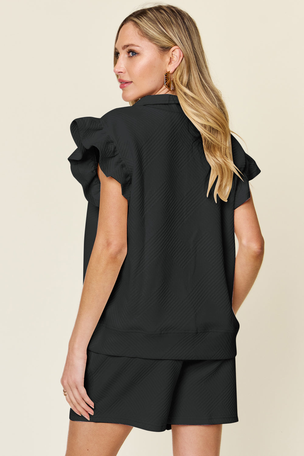 Double Take Full Size Texture Flounce Sleeve Top and Drawstring Shorts Set - Vitalis Collection