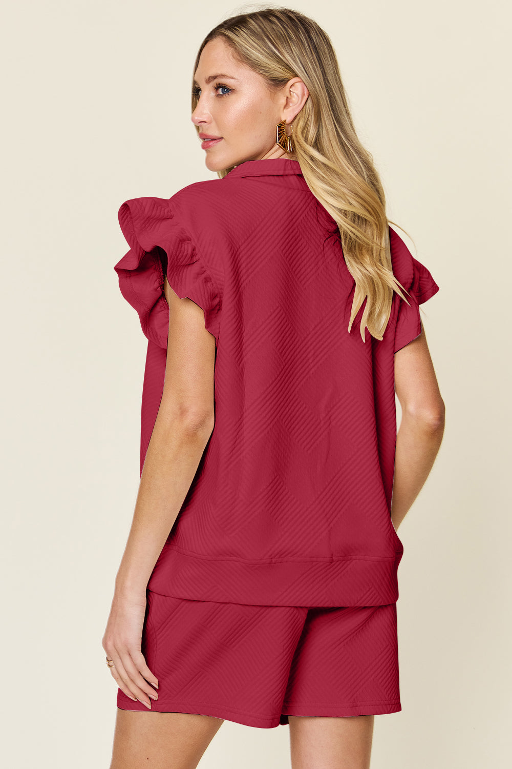 Double Take Full Size Texture Flounce Sleeve Top and Drawstring Shorts Set - Vitalis Collection