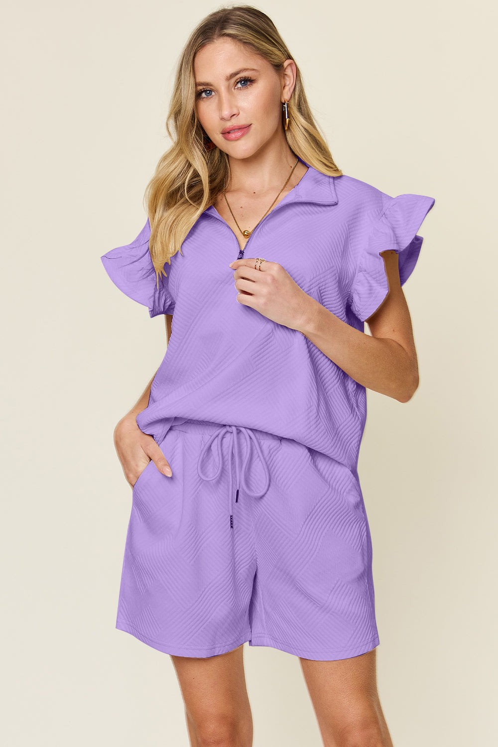 Double Take Full Size Texture Flounce Sleeve Top and Drawstring Shorts Set - Vitalis Collection