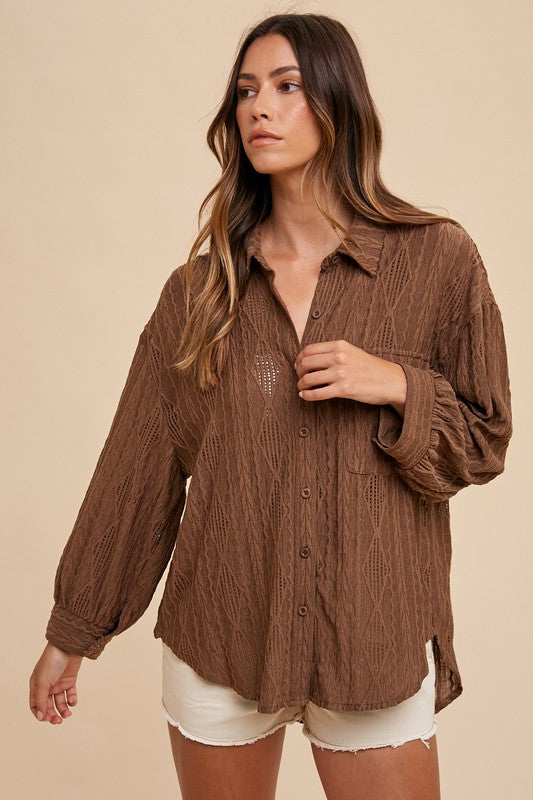 Openwork Button Down Drop Shoulder Shirt - Vitalis Collection