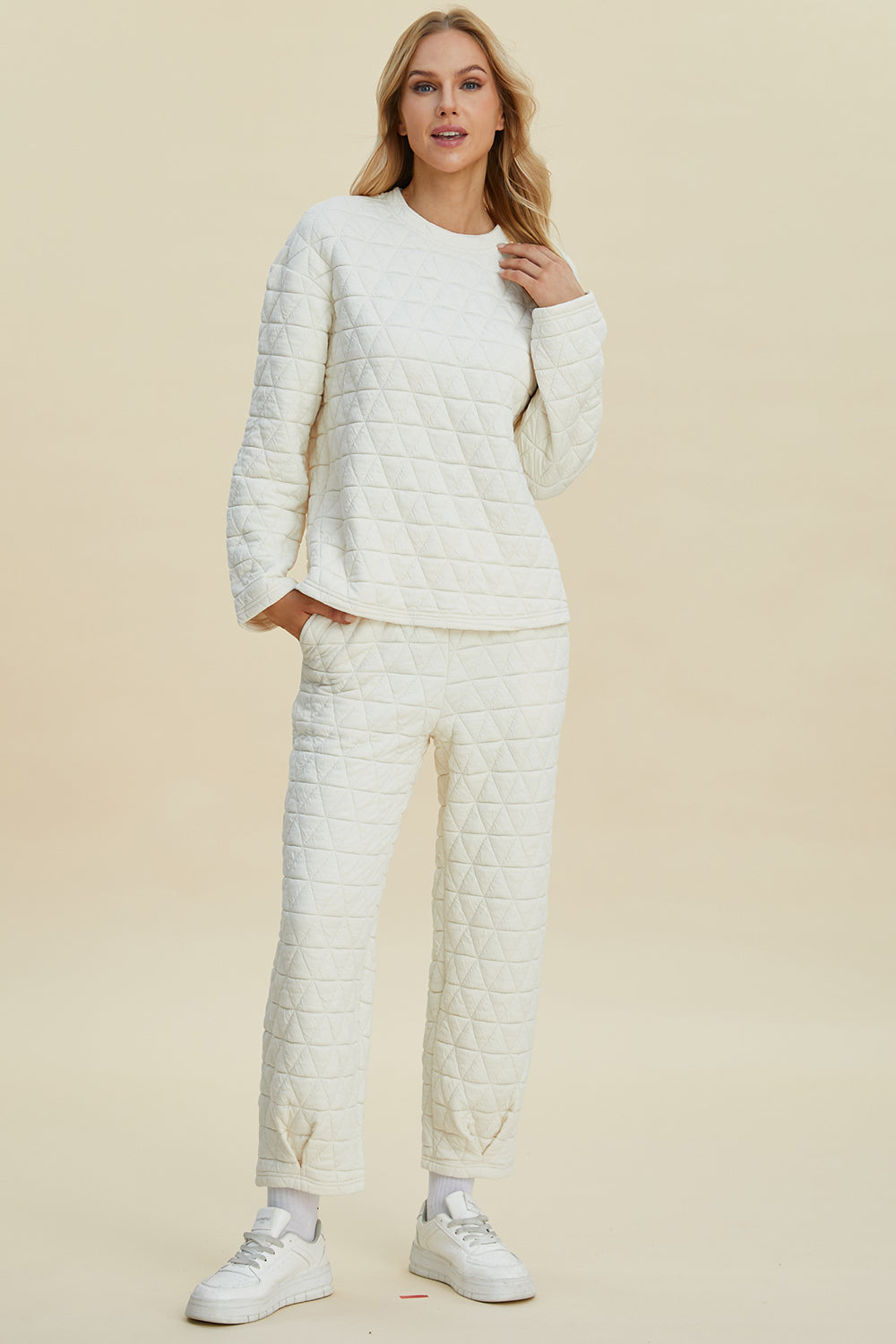 Double Take Full Size Texture Round Neck Long Sleeve Top and Pants Set - Vitalis Collection