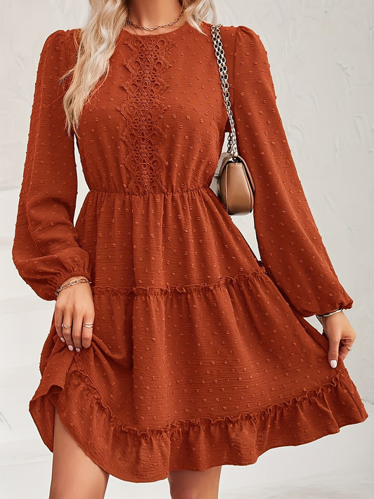 Lace Detail Swiss Dot Round Neck Mini Dress - Vitalis Collection