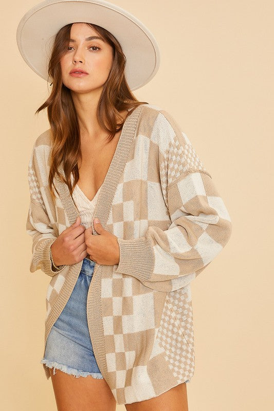 Checkered Open Front Drop Shoulder Cardigan - Vitalis Collection