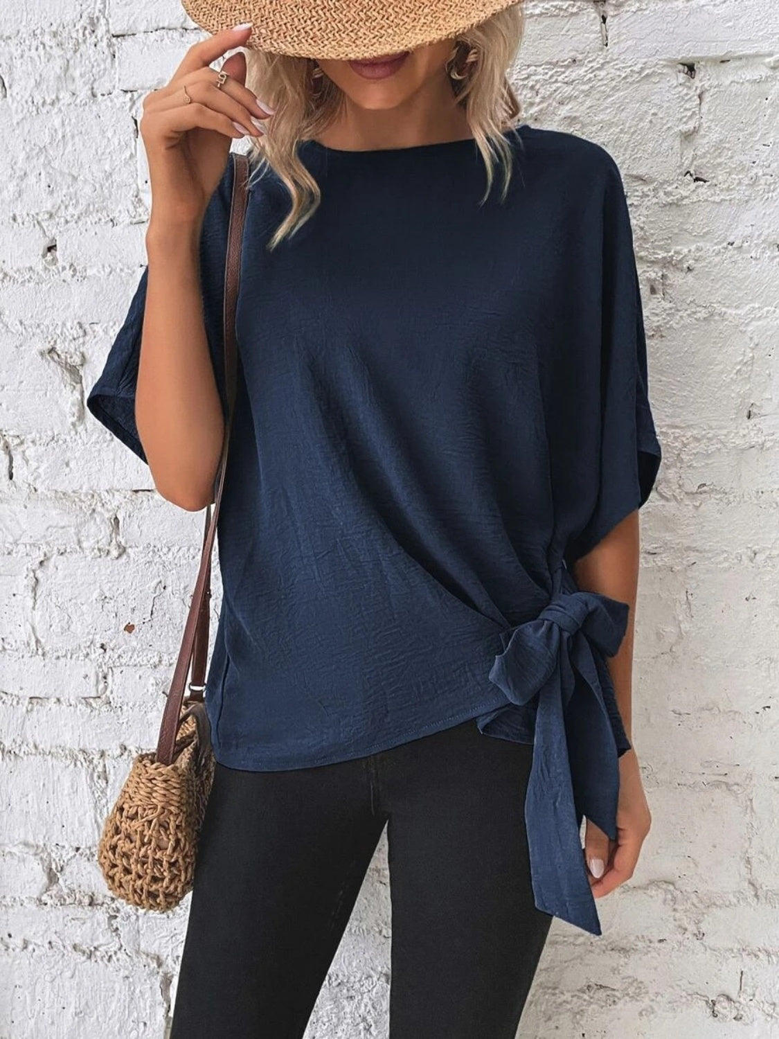 Knotted Round Neck Half Sleeve Blouse - Vitalis Collection