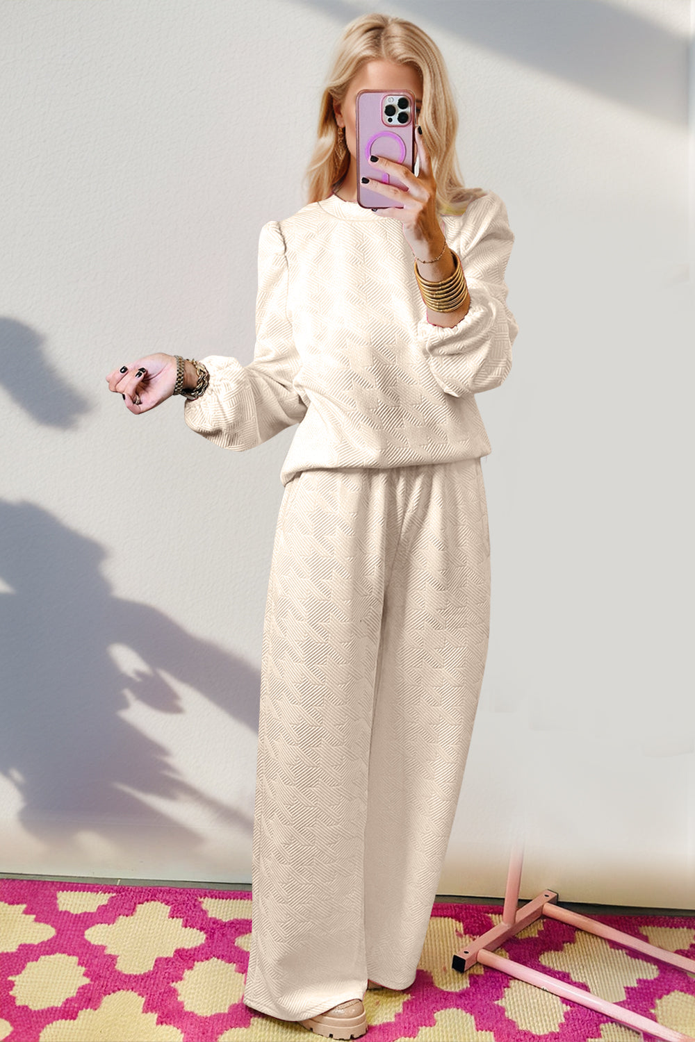 Double Take Texture Long Sleeve Top and Wide Leg Pants Set - Vitalis Collection