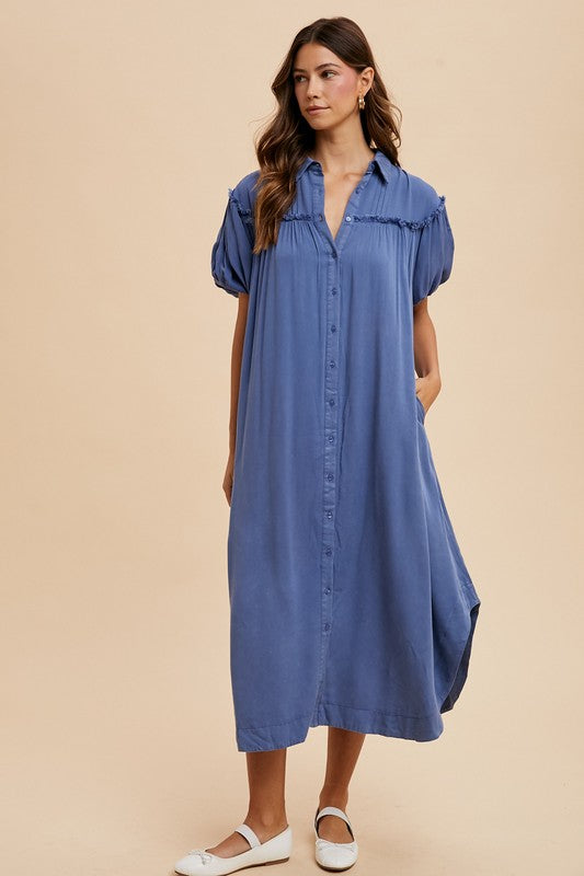 Mineral Washed Button Down Puff Sleeve Shirt Dress - Vitalis Collection