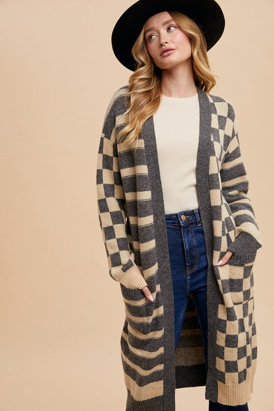 Checkered & Striped Open Front Long Sleeve Cardigan - Vitalis Collection