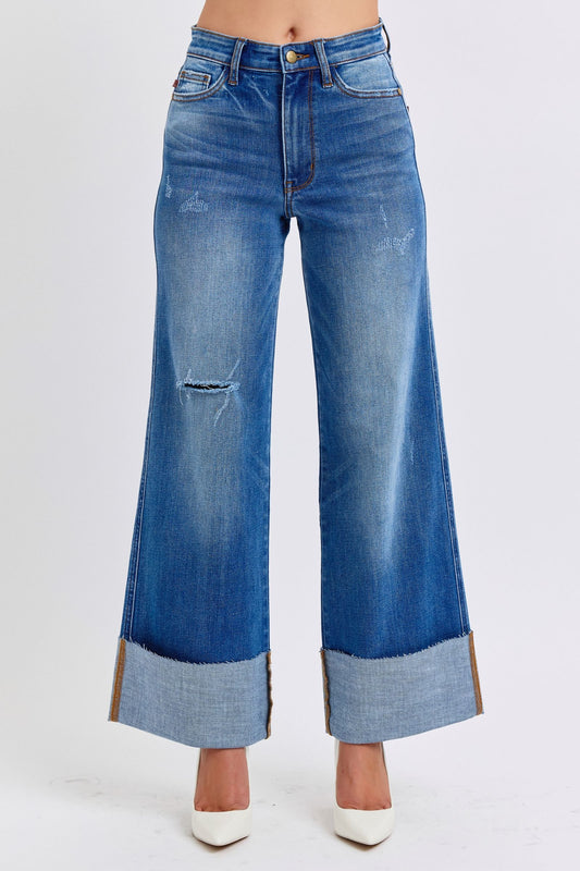 Judy Blue Full Size Distressed High Waist Wide Leg Jeans - Vitalis Collection