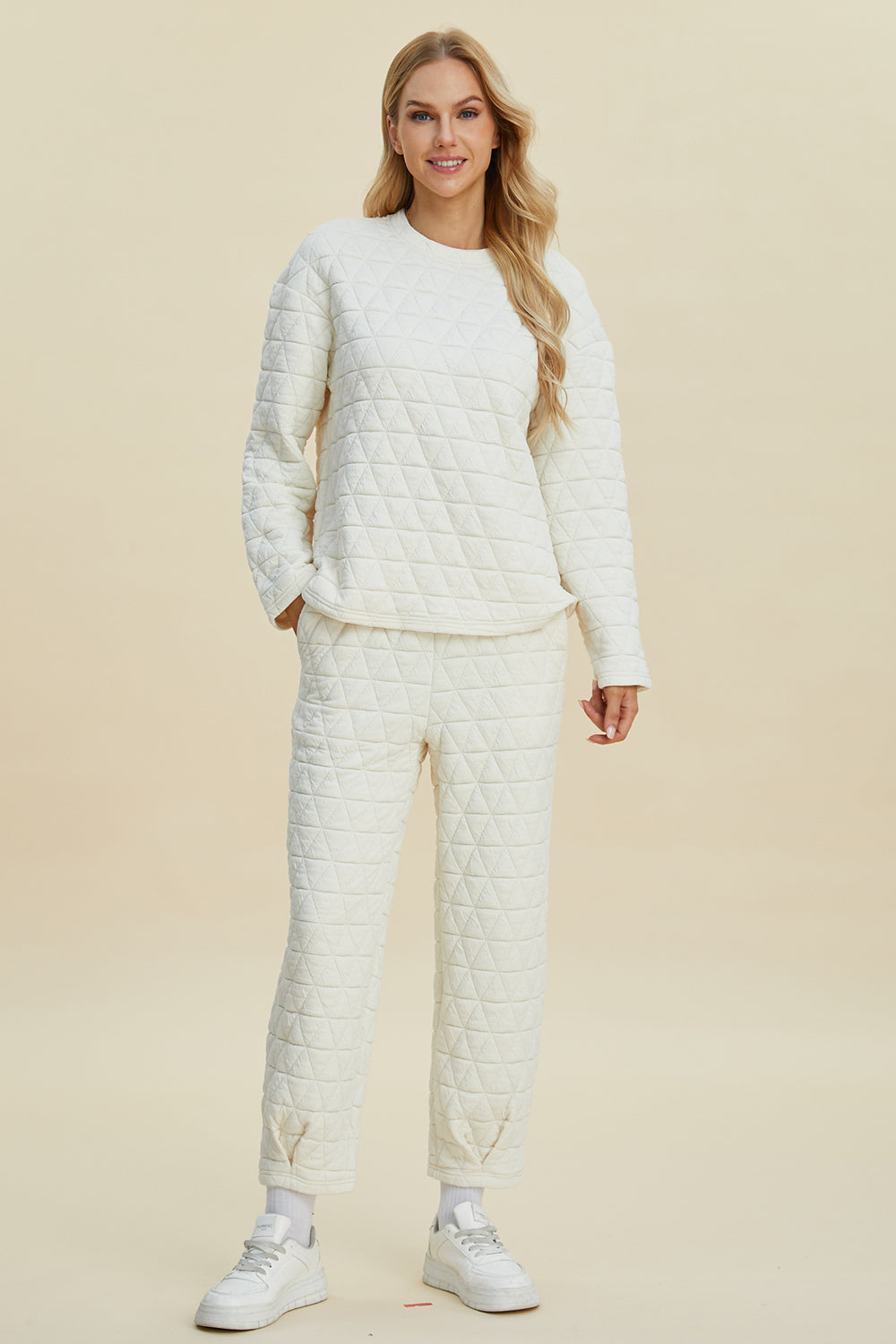 Double Take Full Size Texture Round Neck Long Sleeve Top and Pants Set - Vitalis Collection