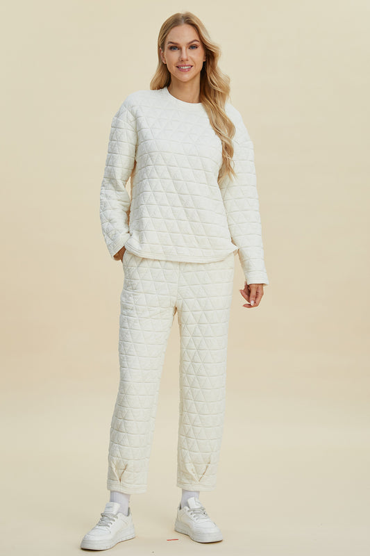 Double Take Full Size Texture Round Neck Long Sleeve Top and Pants Set - Vitalis Collection