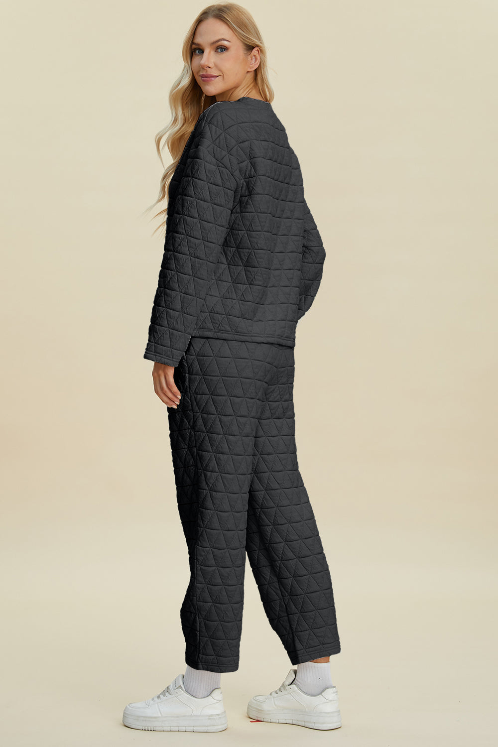 Double Take Full Size Texture Round Neck Long Sleeve Top and Pants Set - Vitalis Collection
