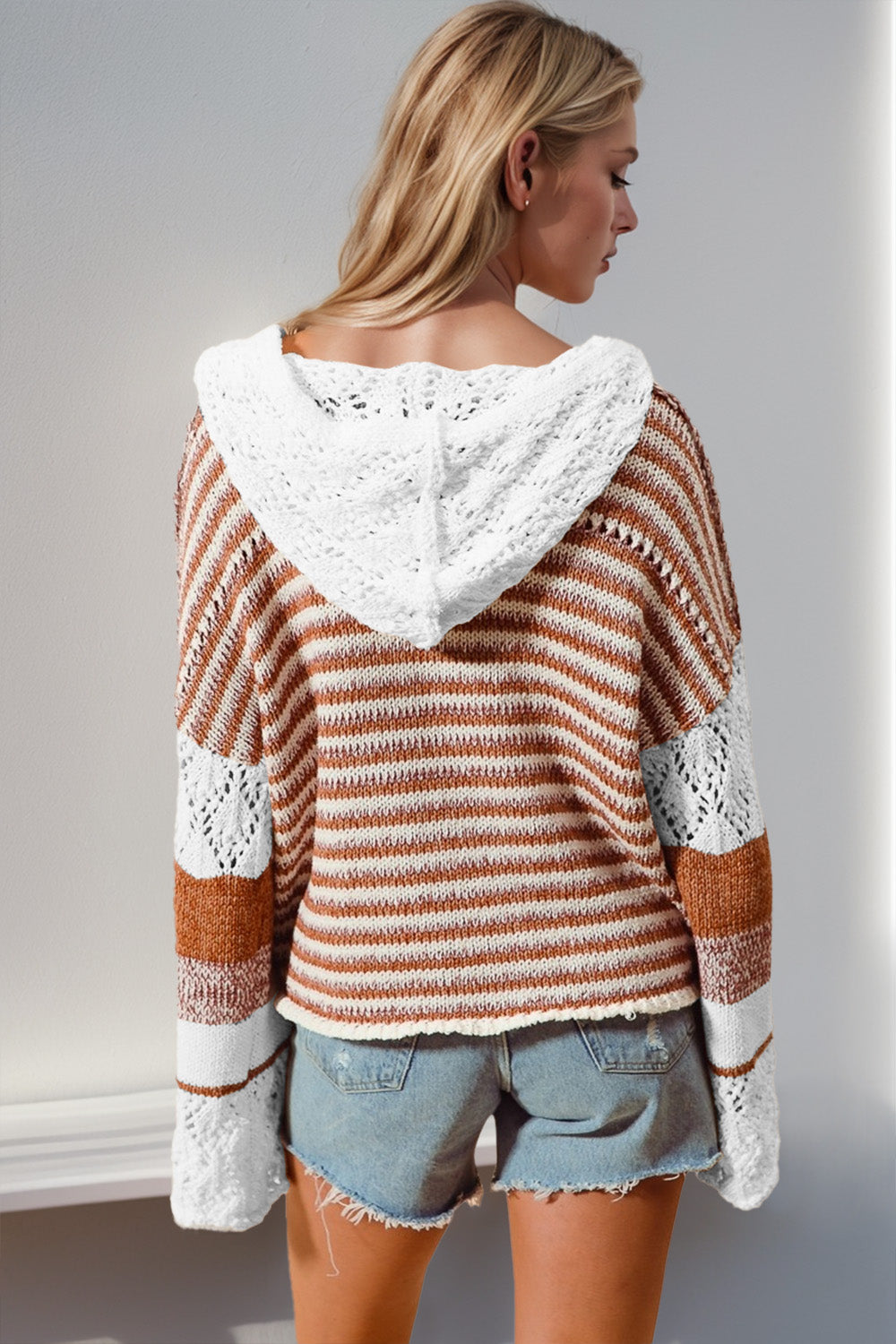 Double Take Full Size Openwork Contrast Long Sleeve Hooded Sweater - Vitalis Collection