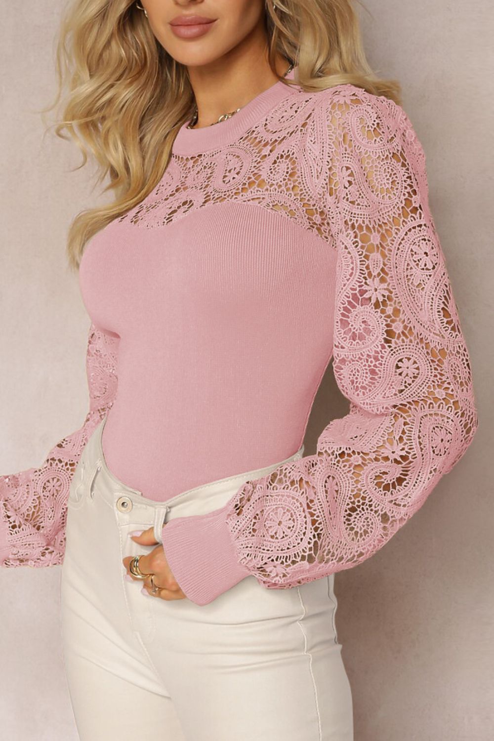 Lace Patchwork Round Neck Long Sleeve Blouse - Vitalis Collection