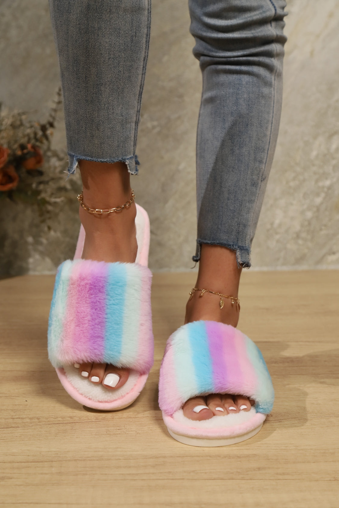 Color Block Open Toe Faux Fur PVC Slippers - Vitalis Collection