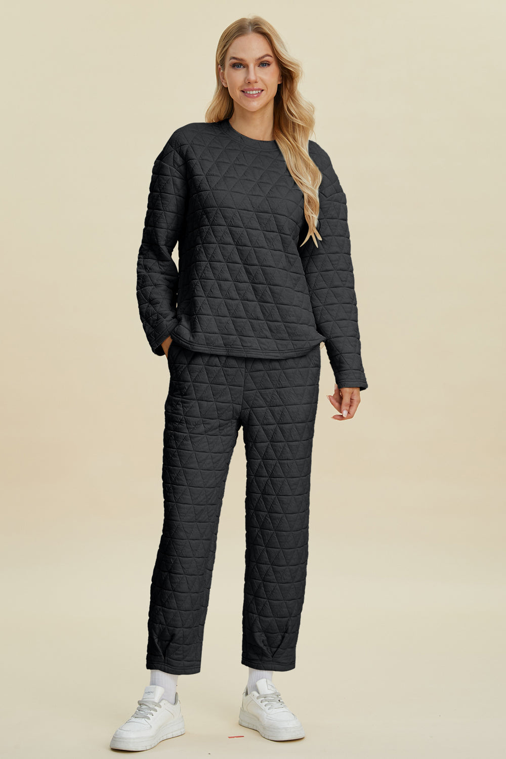 Double Take Full Size Texture Round Neck Long Sleeve Top and Pants Set - Vitalis Collection