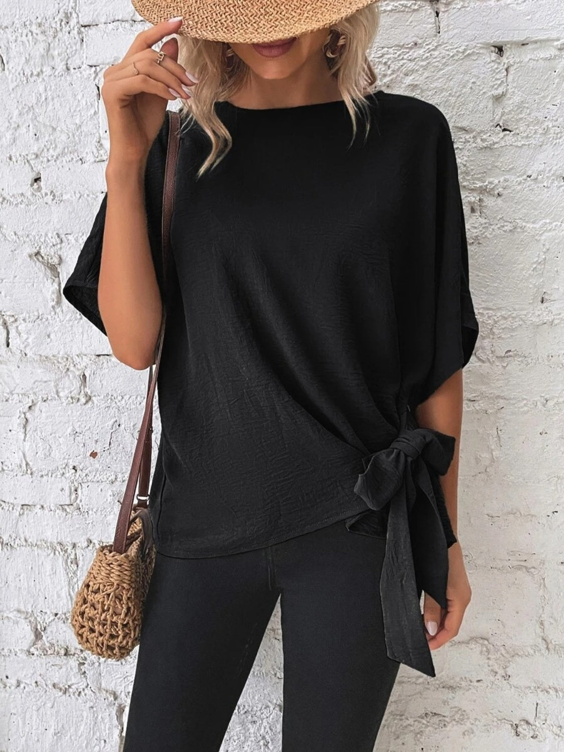 Knotted Round Neck Half Sleeve Blouse - Vitalis Collection