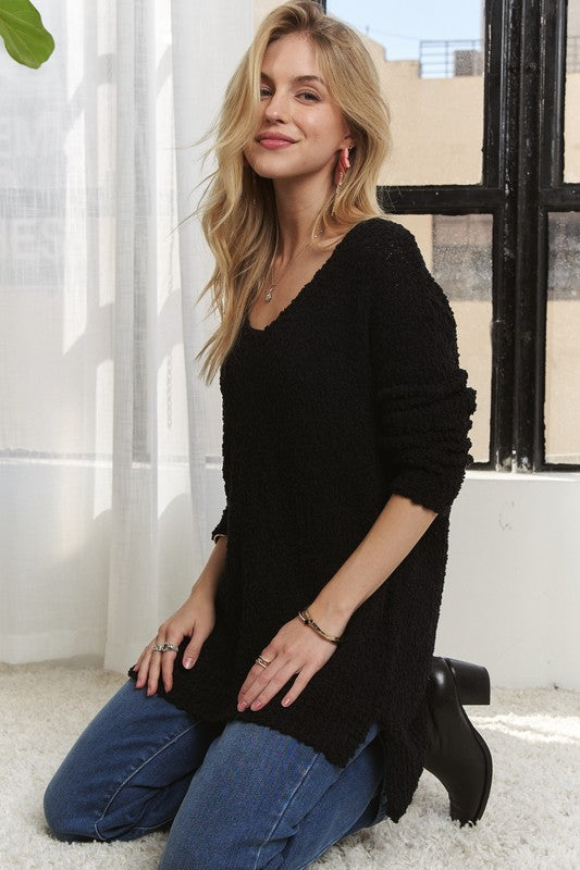 High-Low Side Slit V-Neck Sweater - Vitalis Collection