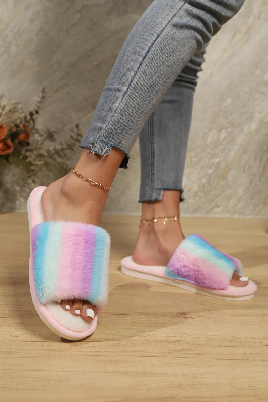 Color Block Open Toe Faux Fur PVC Slippers - Vitalis Collection