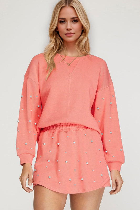 Oh Pearl Trim Round Neck Long Sleeve Top and Skirt Set - Vitalis Collection