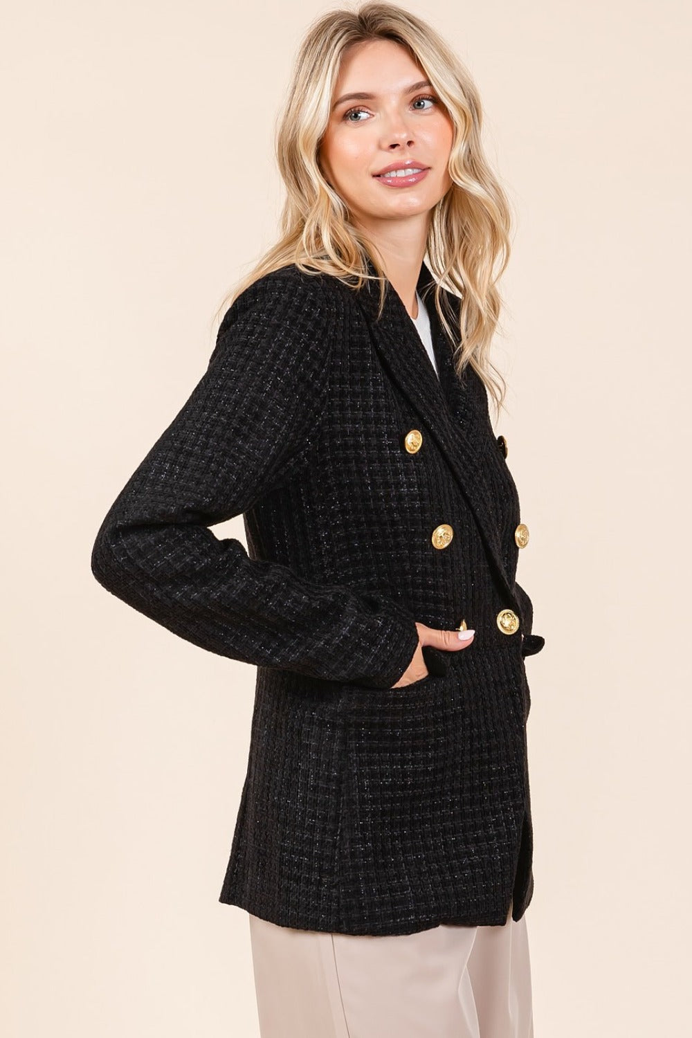 Plaid Texture Double-Breasted Long Sleeve Blazer - Vitalis Collection