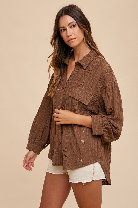 Openwork Button Down Drop Shoulder Shirt - Vitalis Collection