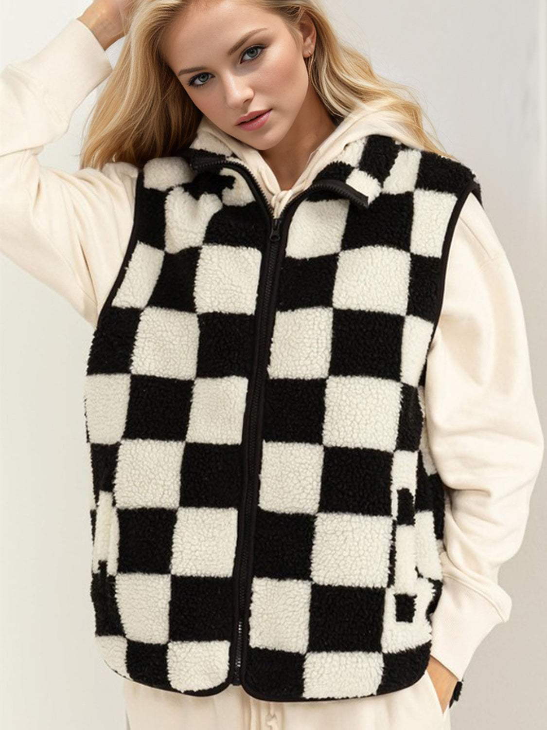 Double Take Full Size Zip Up Checkered Vest Cost - Vitalis Collection