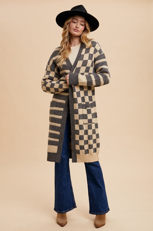 Checkered & Striped Open Front Long Sleeve Cardigan - Vitalis Collection
