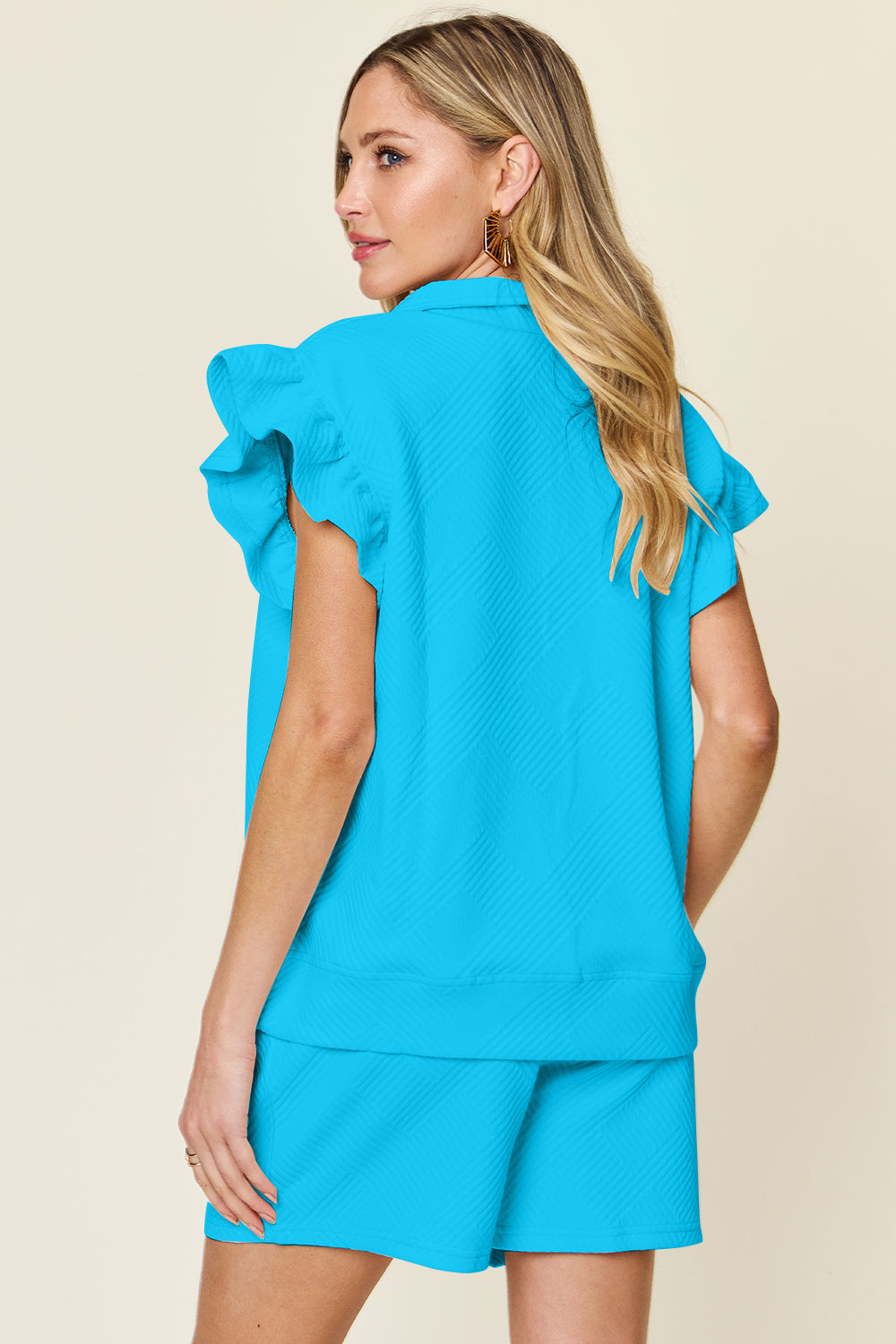 Double Take Full Size Texture Flounce Sleeve Top and Drawstring Shorts Set - Vitalis Collection