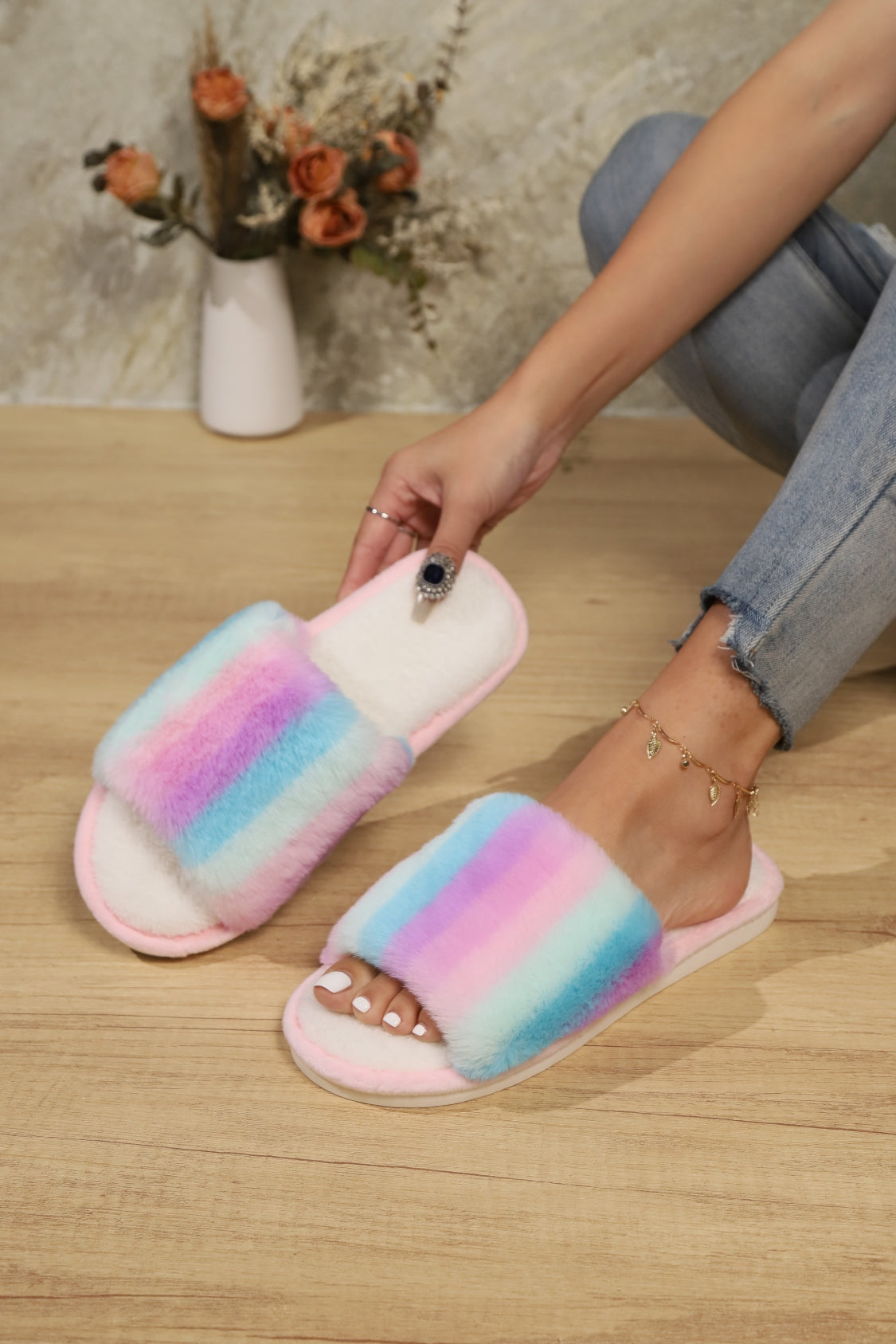Color Block Open Toe Faux Fur PVC Slippers - Vitalis Collection