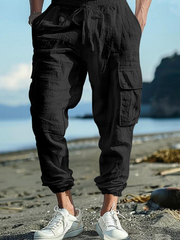 Casual cuffs, multi-pocket drawstrings, solid color, loose large size drawstring trousers - Vitalis Collection